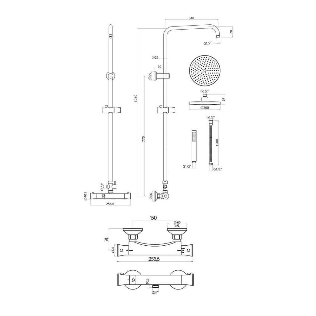 High-quality detailed shower head and mixer tap technical drawing for modern Bubly Bathrooms fixtures and fittings. Perfect for advanced bathroom design and installation projects.