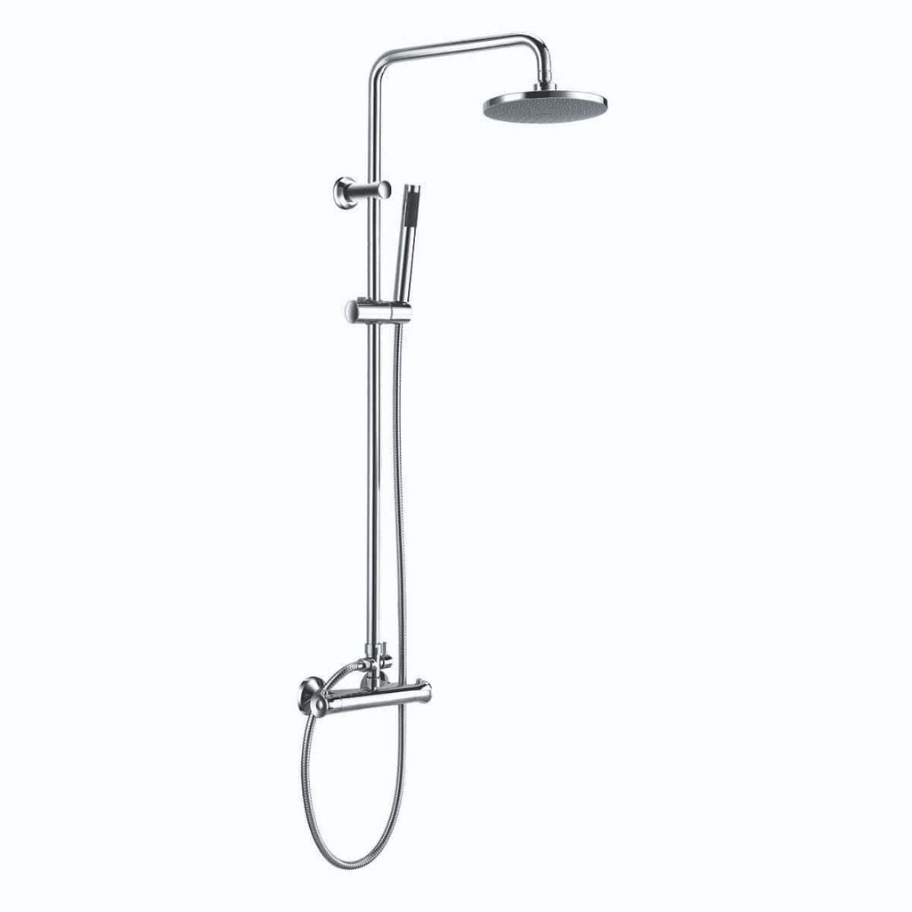 Elegant chrome shower system with overhead rain shower and adjustable handheld shower head, perfect for modern bathrooms. Designed for durability and stylish appeal.