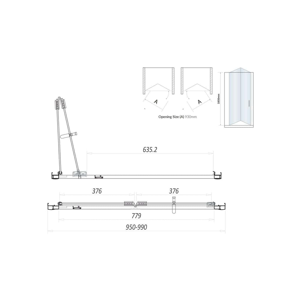 Adjustable shower enclosure technical drawing with dimensions, including width, height, and opening size, of Bubly Bathrooms' modern shower screen for customised bathroom setups.