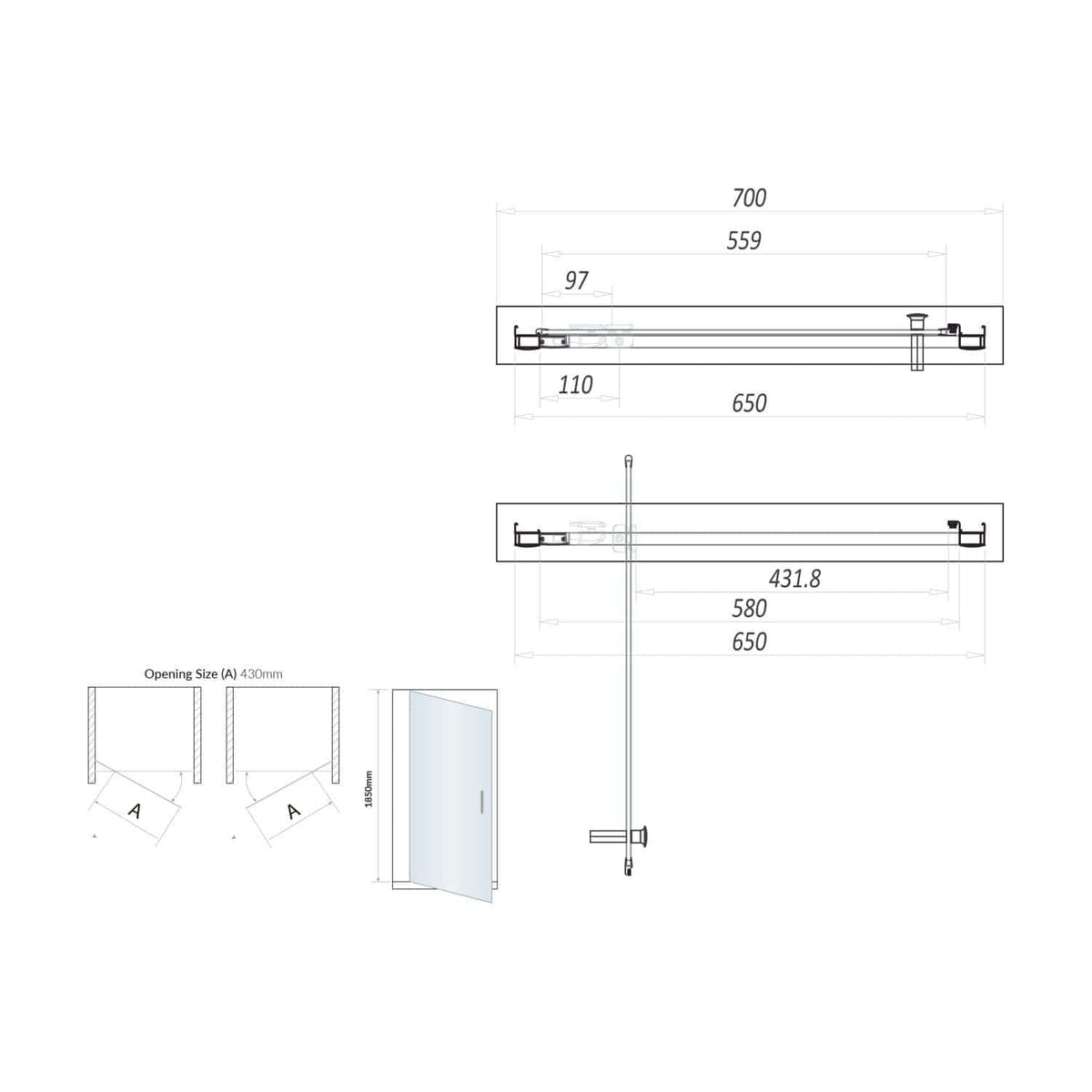 High-quality technical schematic of Bubly Bathrooms shower unit with detailed measurements and installation guides for modern bathroom renovation and design.