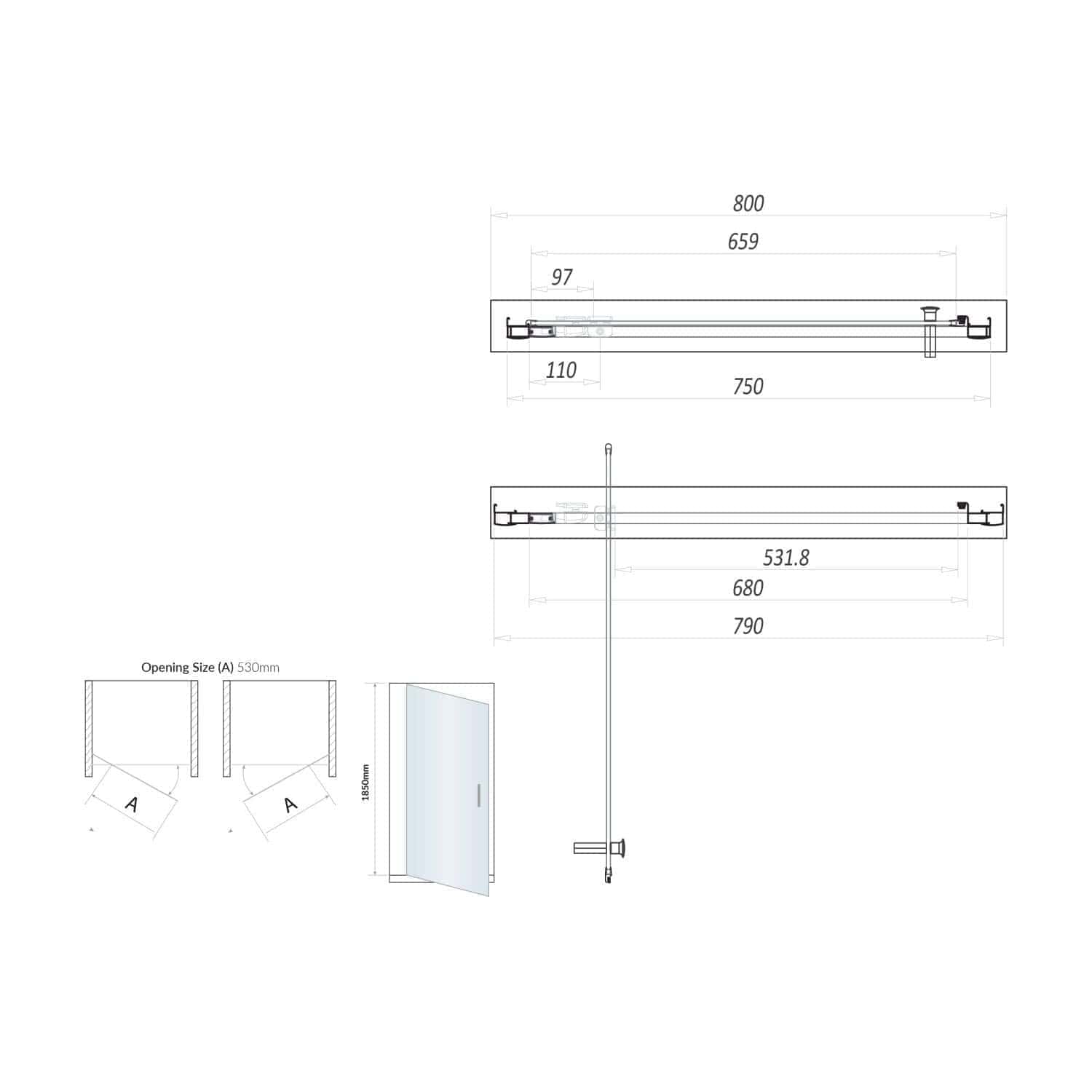 High-quality bathroom shower screen technical drawing with precise dimensions, ideal for modern bathroom renovation projects, showcasing sleek glass and minimalistic design elements.