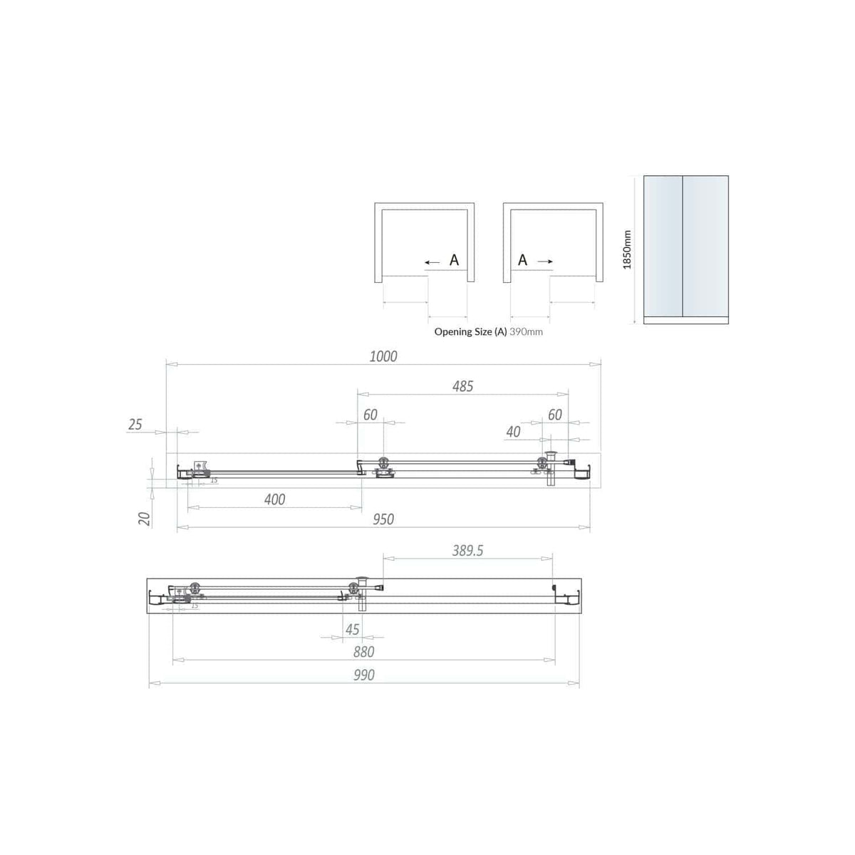 High-quality bathroom technical drawing with detailed measurements for Bubly Bathrooms, showcasing modern shower enclosure installation plans and specifications for custom bathroom design.