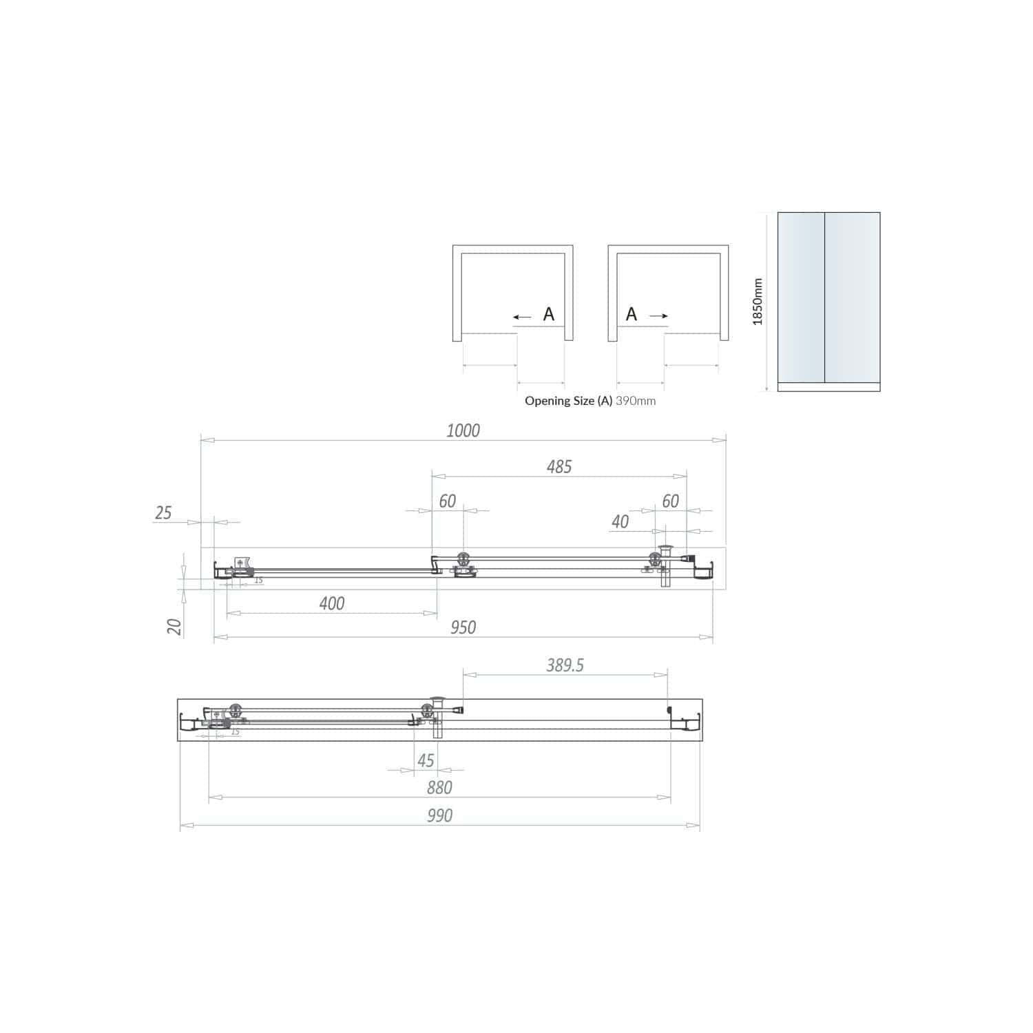 High-quality bathroom technical drawing with detailed measurements for Bubly Bathrooms, showcasing modern shower enclosure installation plans and specifications for custom bathroom design.