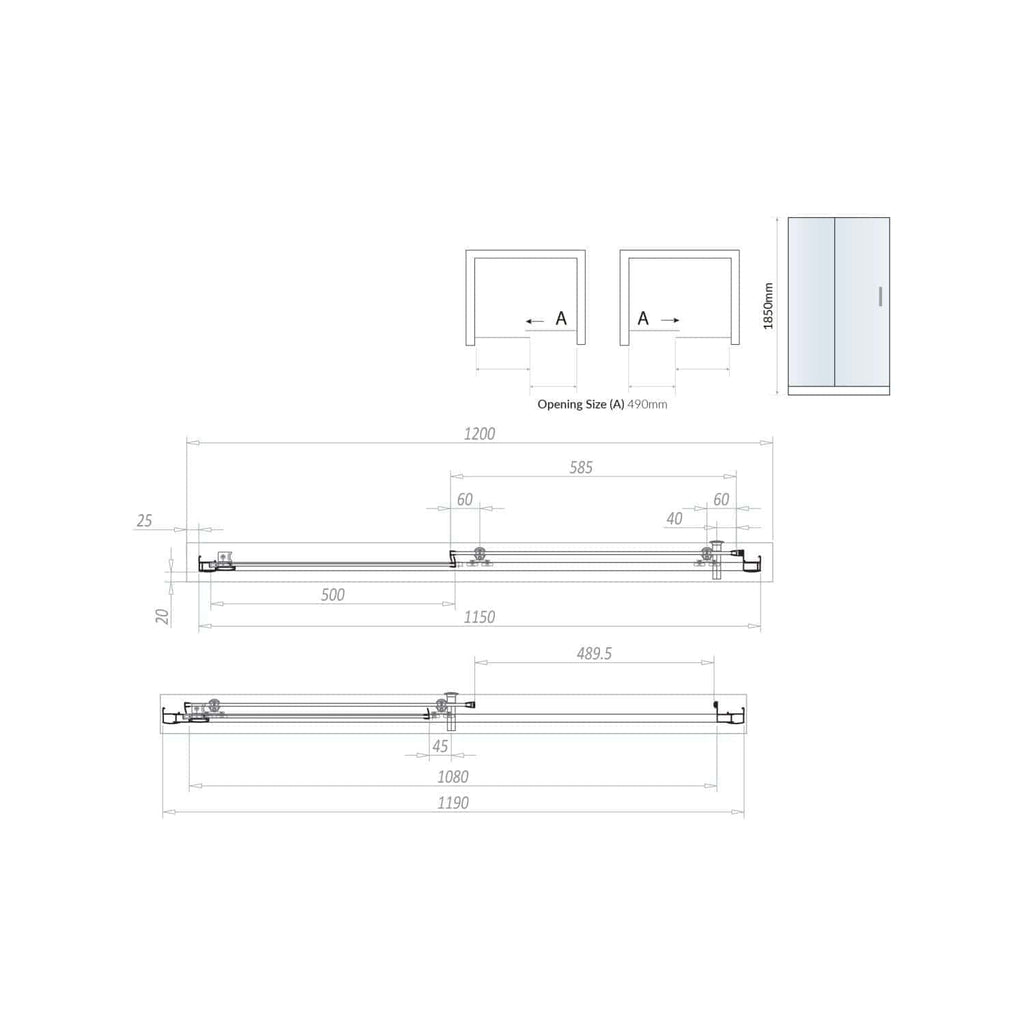 Sliding shower door installation drawing with detailed measurements and technical specifications for bubble-free bathroom design.