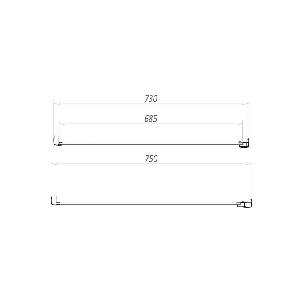 Aluminium bathroom towel rails with precise measurements, ideal for modern bathroom designs.