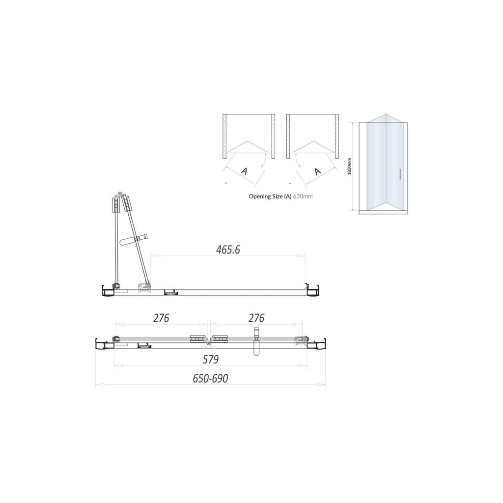 Adjustable walk-in shower enclosure technical drawing with dimensions and opening details for easy installation and space optimisation.