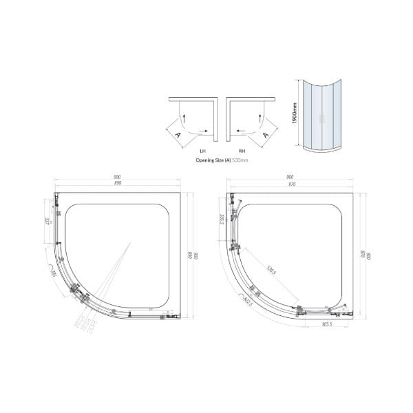 Slimline curved shower enclosure with precise dimensions, showcasing a modern design ideal for contemporary bathroom remodels. Perfect for space-saving showers with elegant curves.