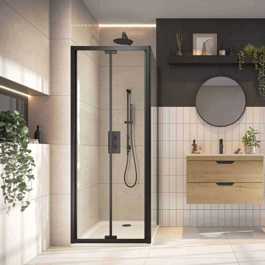 Modern glass shower enclosure in a contemporary bathroom with neutral tones and stylish decor. Perfect for creating a sleek, functional, and elegant bathroom space.