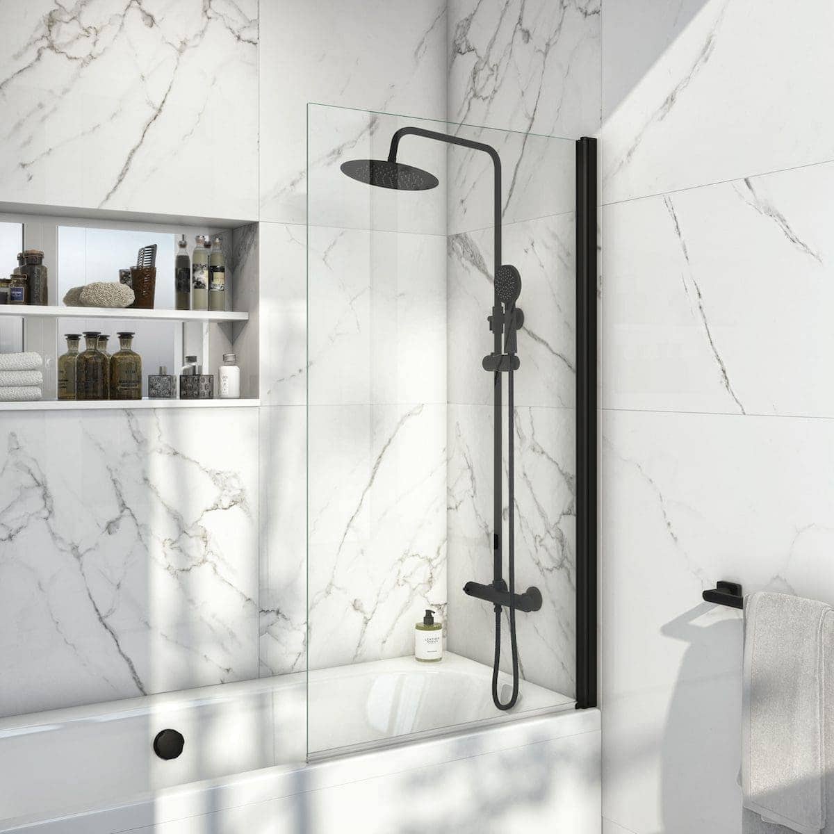 Modern black showerhead and hand shower set in a sleek walk-in shower with marble tiles and glass partition at Bubly Bathrooms.