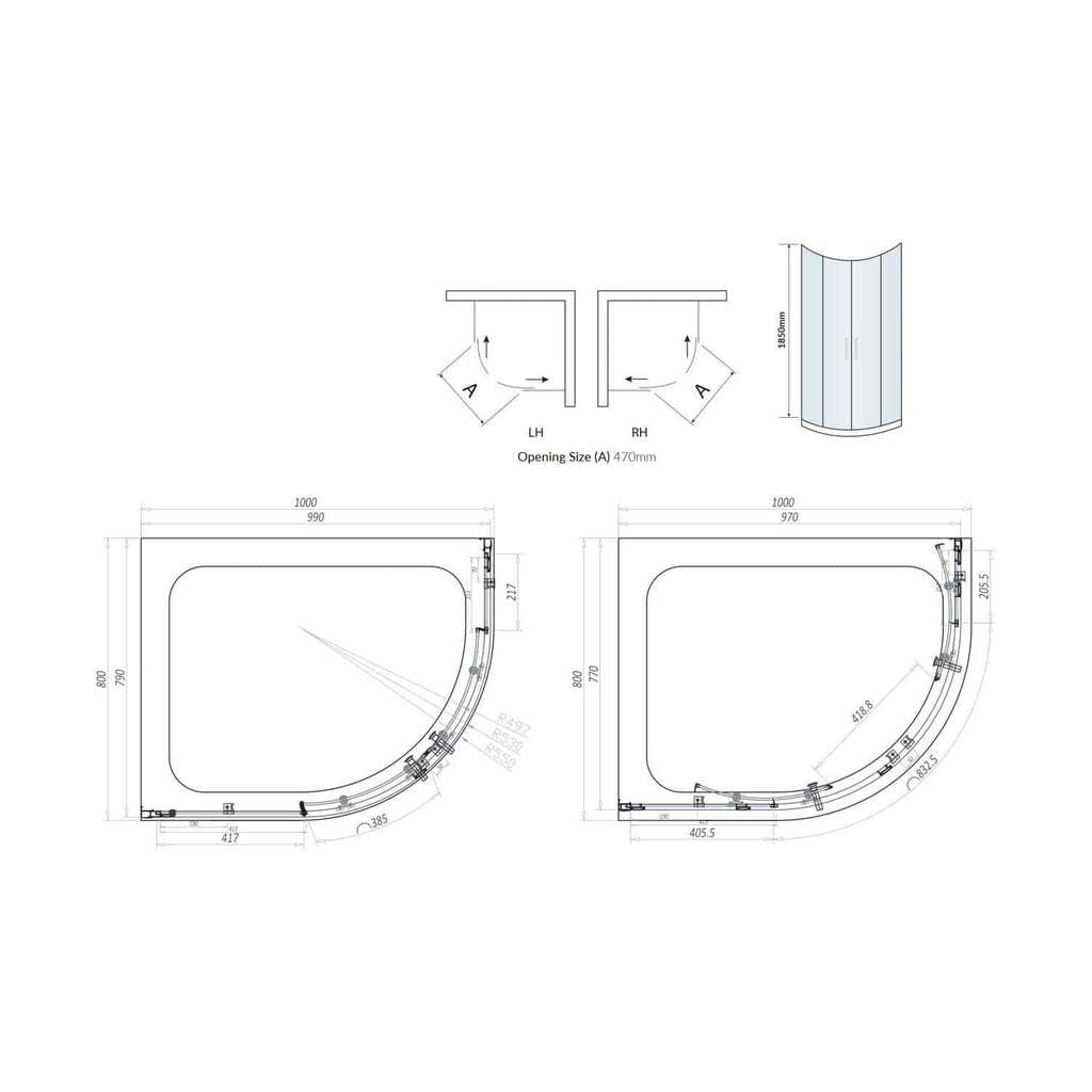 Curved shower enclosure with detailed technical drawings, dimensions, and installation specifications from Bubly Bathrooms, designed for modern bathroom upgrades and space-efficient shower solutions.