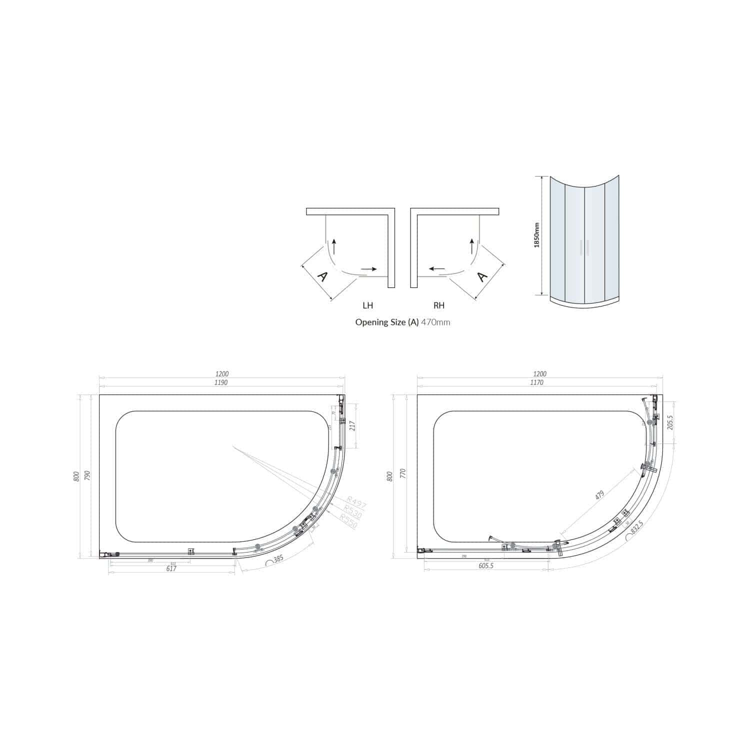 Modern corner shower enclosure with clear glass panels and chrome fixtures, ideal for contemporary bathroom renovations. Features dual-opening doors and detailed technical drawings for precise installation.