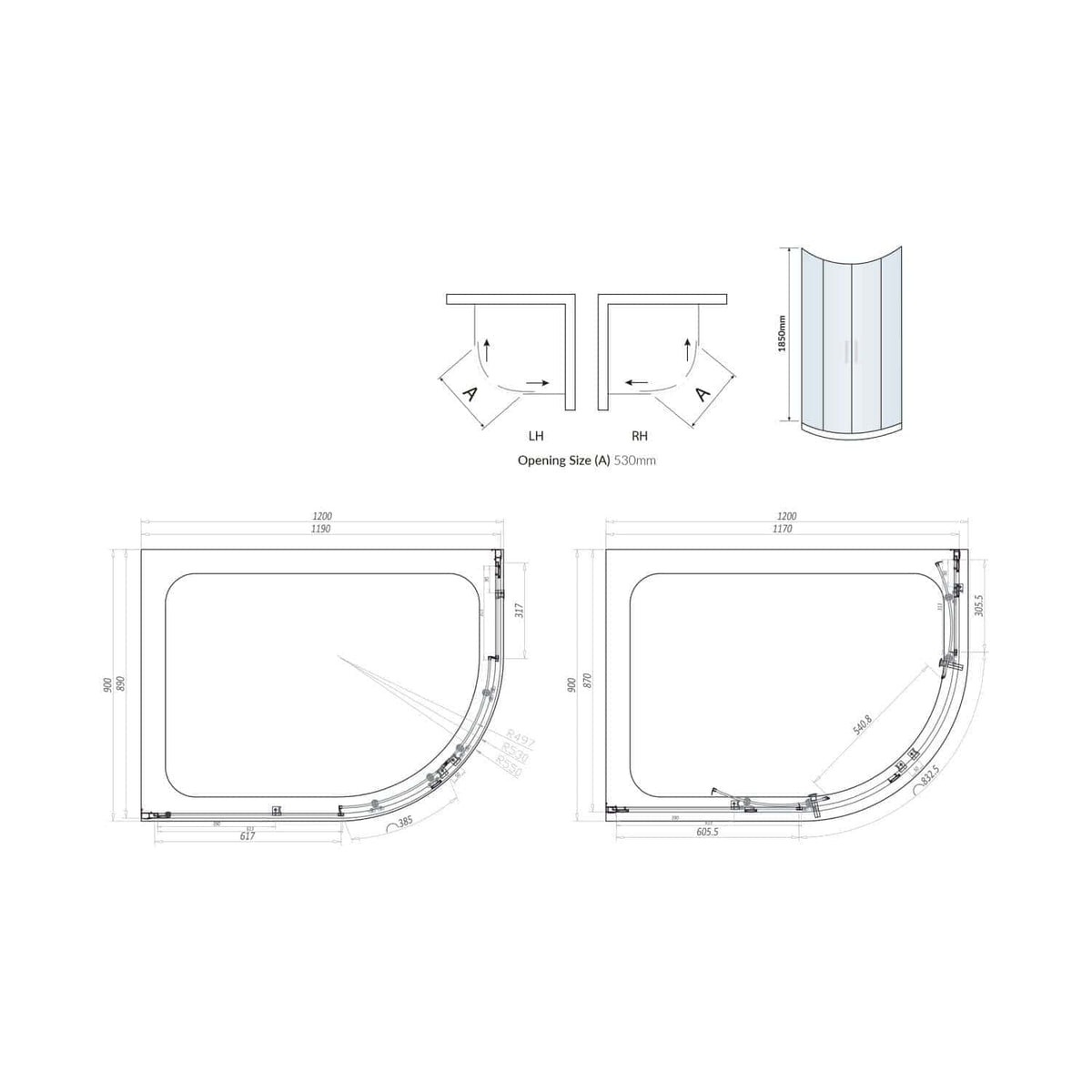 High-quality shower enclosure technical drawings and dimensions from Bubly Bathrooms, showcasing bespoke design options and precise measurements for custom bathroom solutions.
