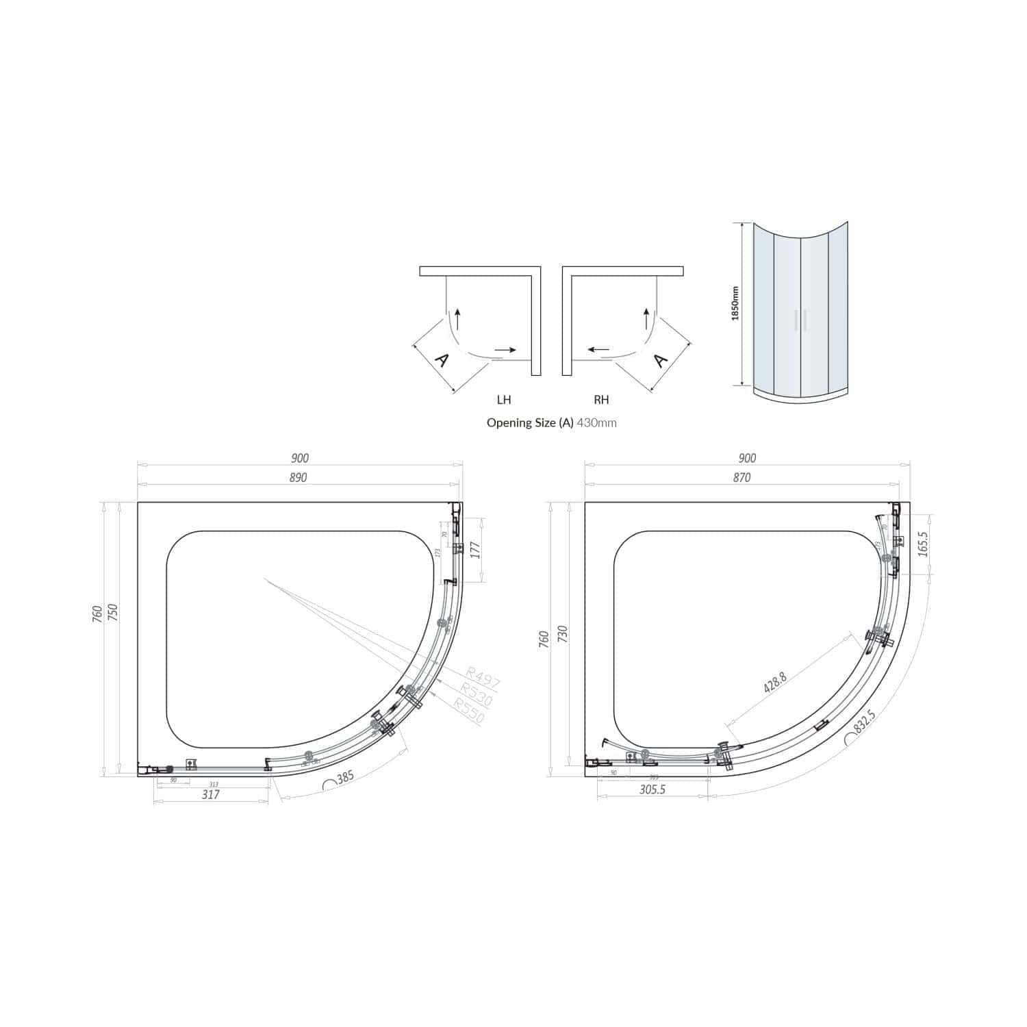 High-quality corner shower enclosure design with detailed technical specifications and measurements for custom bathroom installation. Ideal for modern bathroom renovations and space-saving solutions.