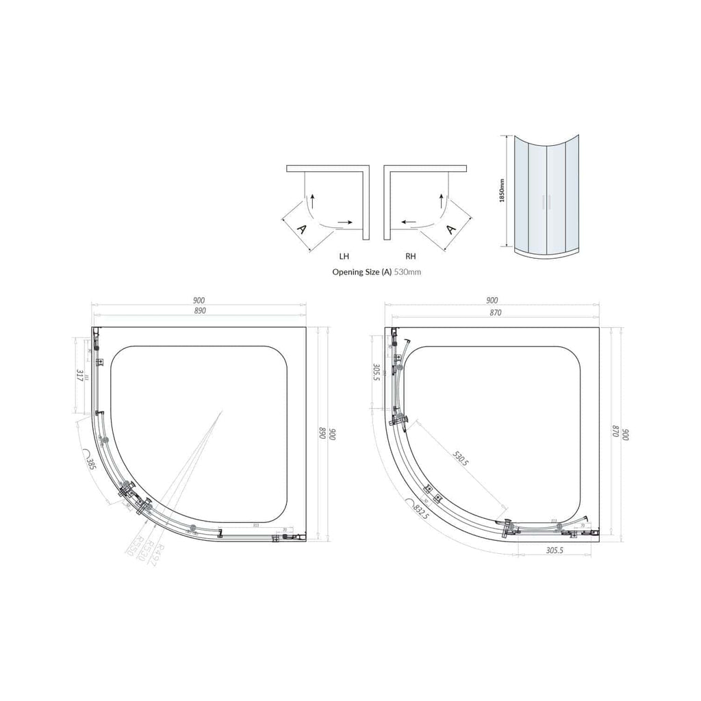 Optimised architectural shower enclosure technical drawing with precise measurements, ideal for modern bathroom designs. Perfect for installation planning and interior renovation projects.