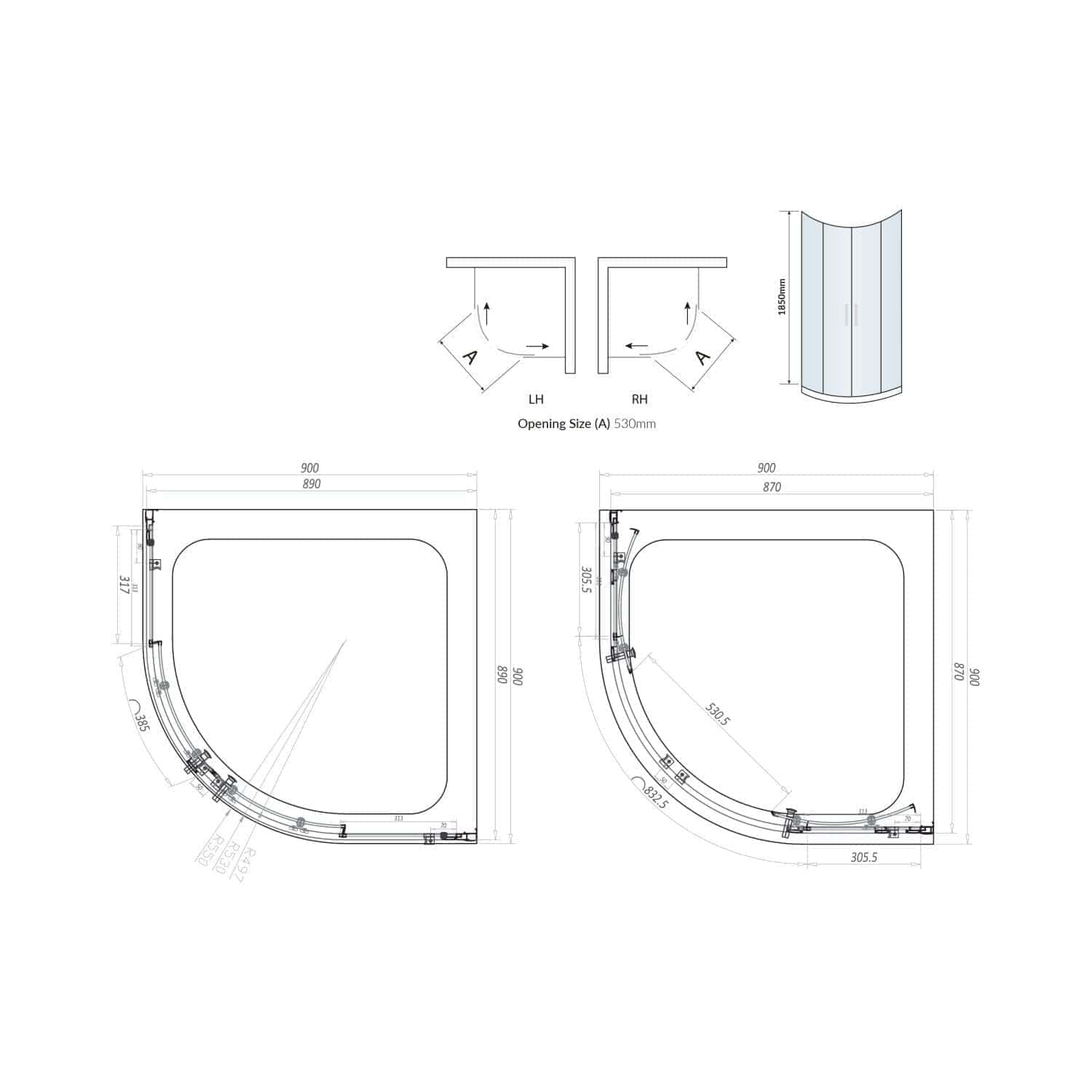 Optimised architectural shower enclosure technical drawing with precise measurements, ideal for modern bathroom designs. Perfect for installation planning and interior renovation projects.
