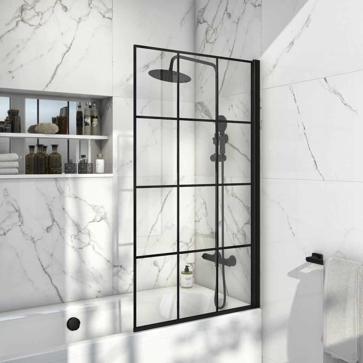 Modern black-framed glass shower enclosure in minimalist bathroom with white marble walls and built-in shelving for toiletries and towels.