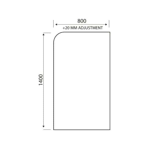 Flexible shower screen with adjustable 800mm width and 1400mm height for modern bathroom spaces.