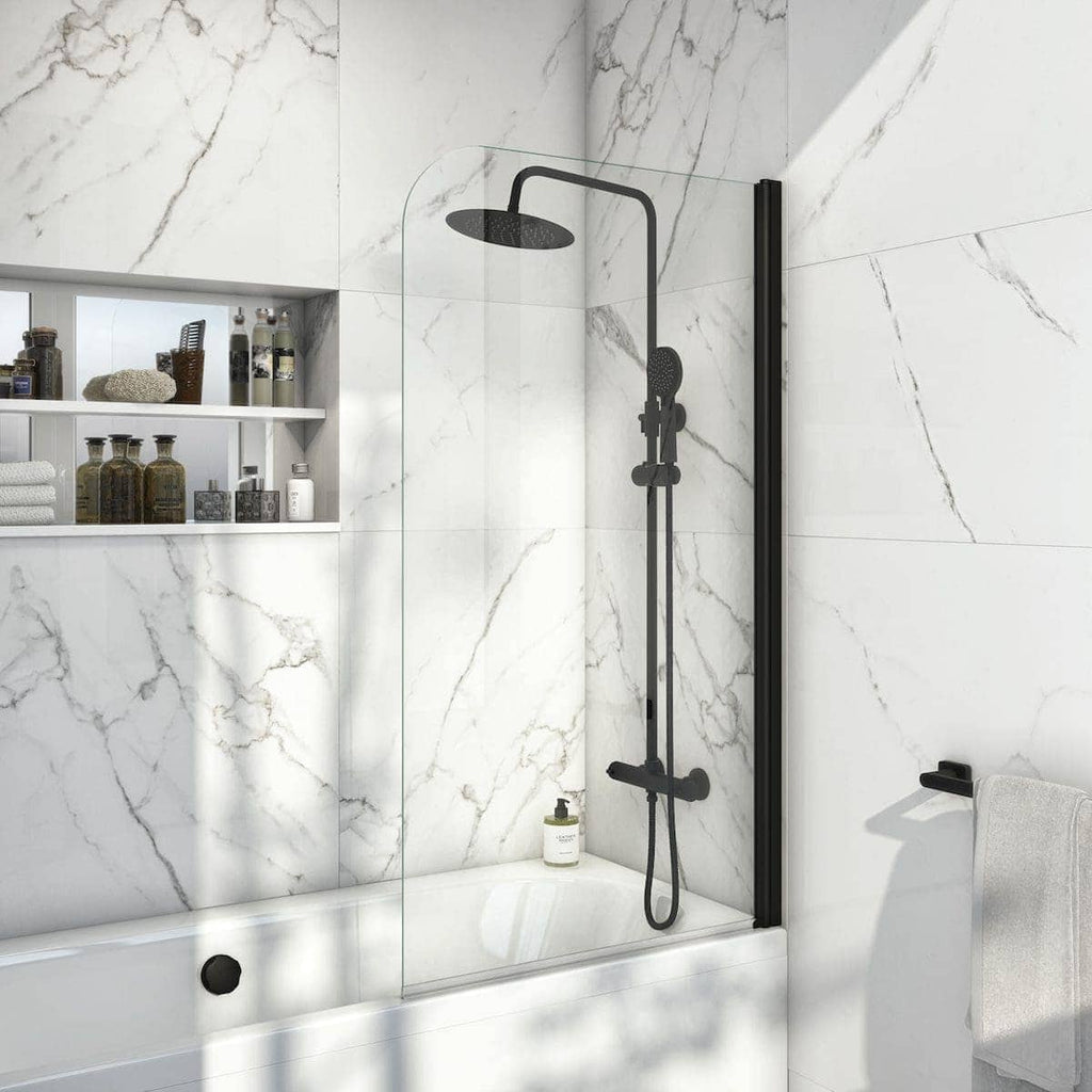 Modern black rain shower head in a sleek bathroom with marble tiles, glass shower screen, and built-in shelf for bathroom essentials.