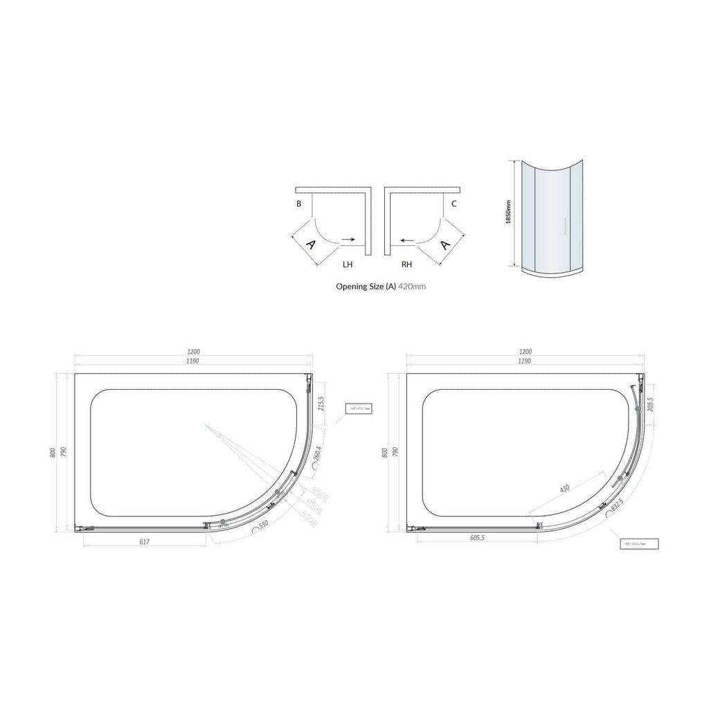 Modern curved shower enclosure with precise dimensions, ideal for contemporary bathrooms, featuring a glass door and space-efficient design for a sleek, functional shower solution.
