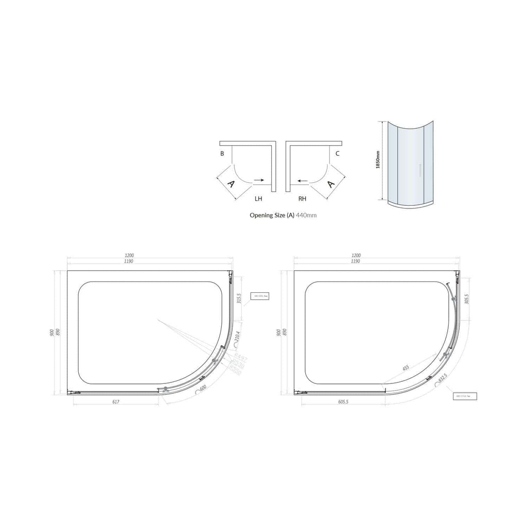 Minimally designed shower enclosure with curved glass, detailed technical drawings and dimensions for precise installation, perfect for modern luxury bathrooms.