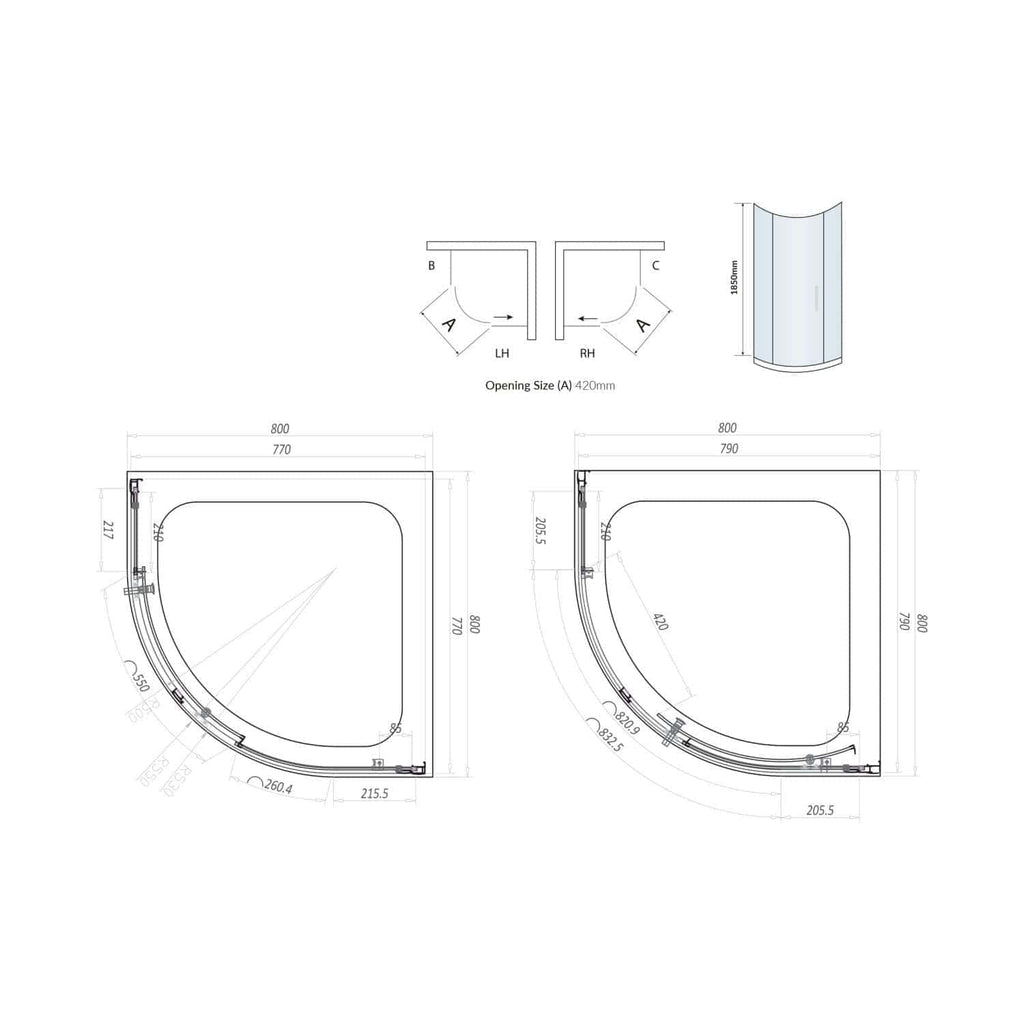 1. Modern semi-frameless curved shower enclosures with detailed technical drawings, dimensions, and installation specifications for bathrooms and waterproof shower areas.