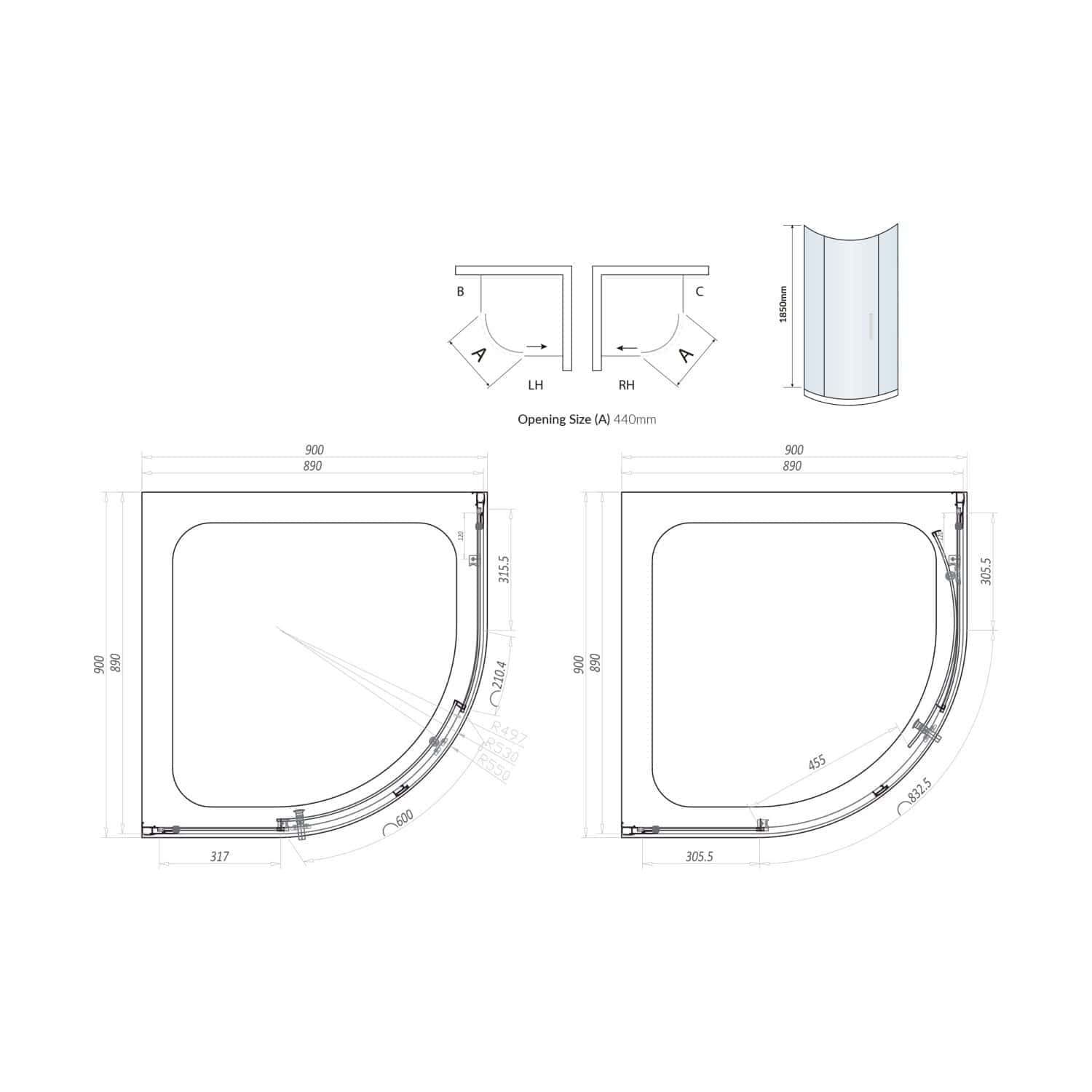 Sleek modern curved shower enclosure with detailed technical drawings, dimensions, and installation specifications for custom bathroom design. Perfect for contemporary bathrooms.