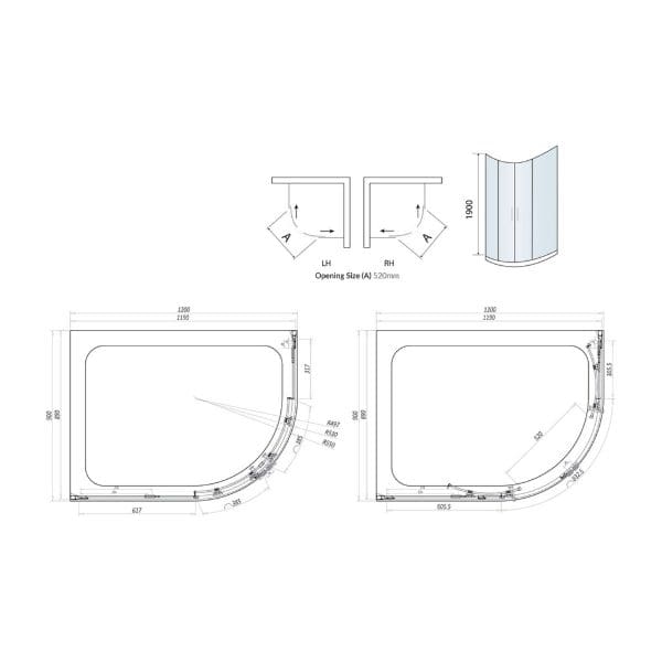 High-quality corner shower enclosure technical drawing with detailed dimensions and door opening specifications for modern bathroom renovations.