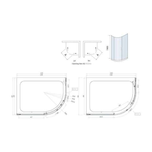 450mm curved shower enclosure technical drawing for modern bathroom design, featuring detailed dimensions and installation plan. Ideal for custom shower solutions.