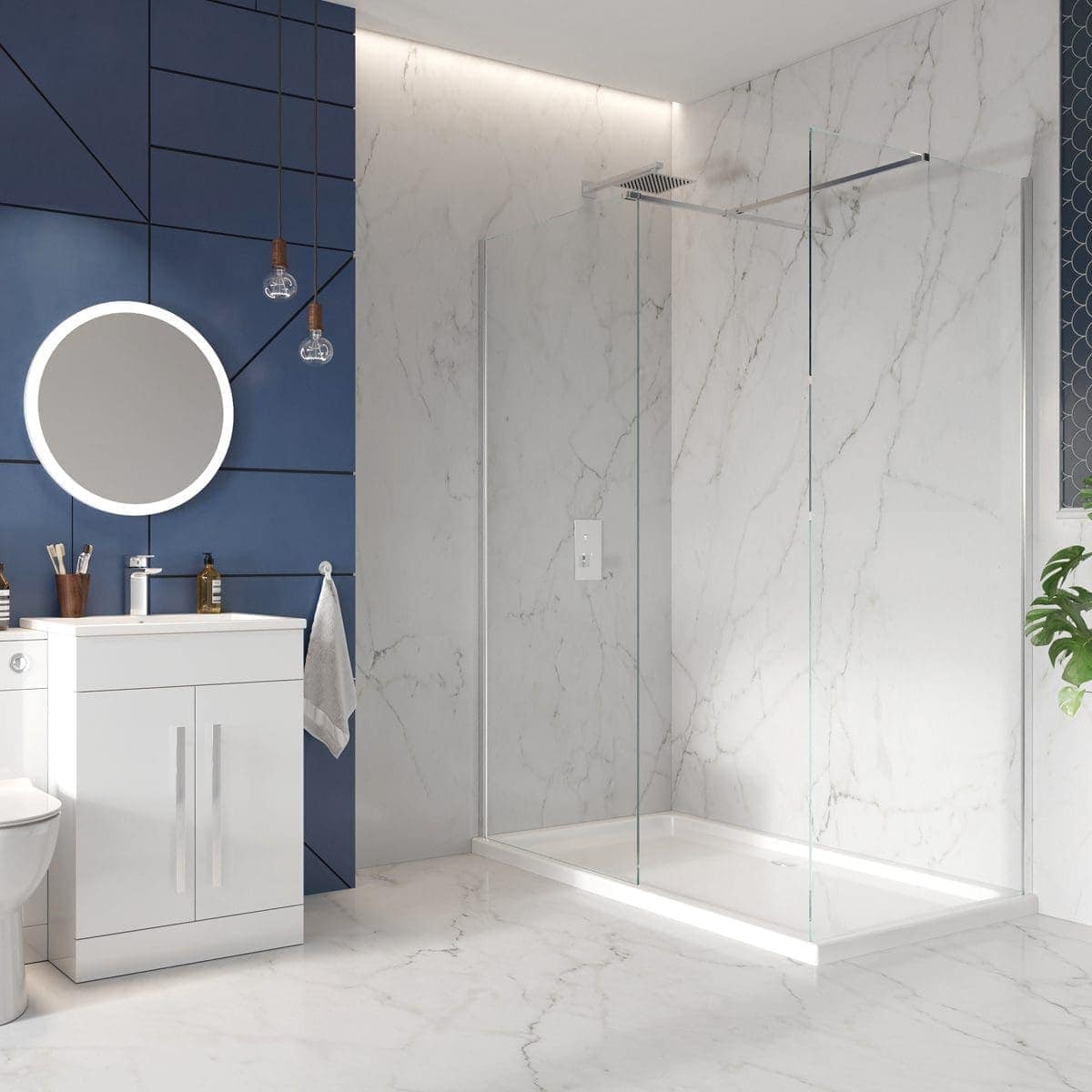 Contemporary bathroom with white marble walls and floor, modern walk-in shower with glass screens, sleek white vanity cabinet, round mirror, and minimalist decor, showcasing stylish Bubly Bathrooms design.