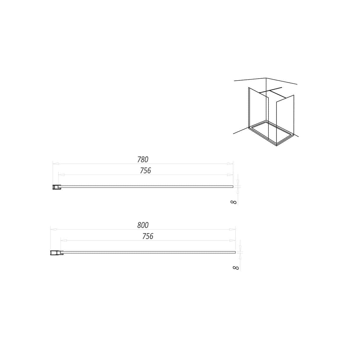 Aluminium shower enclosure blueprint with detailed dimensions for modern bathroom design.