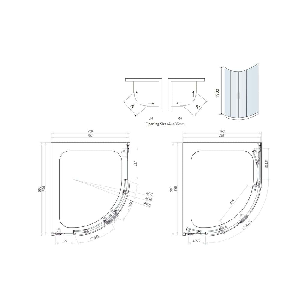 Efficient corner shower enclosure design with detailed technical measurements for custom bathroom renovations, showcasing high-quality glass and modern aesthetics.