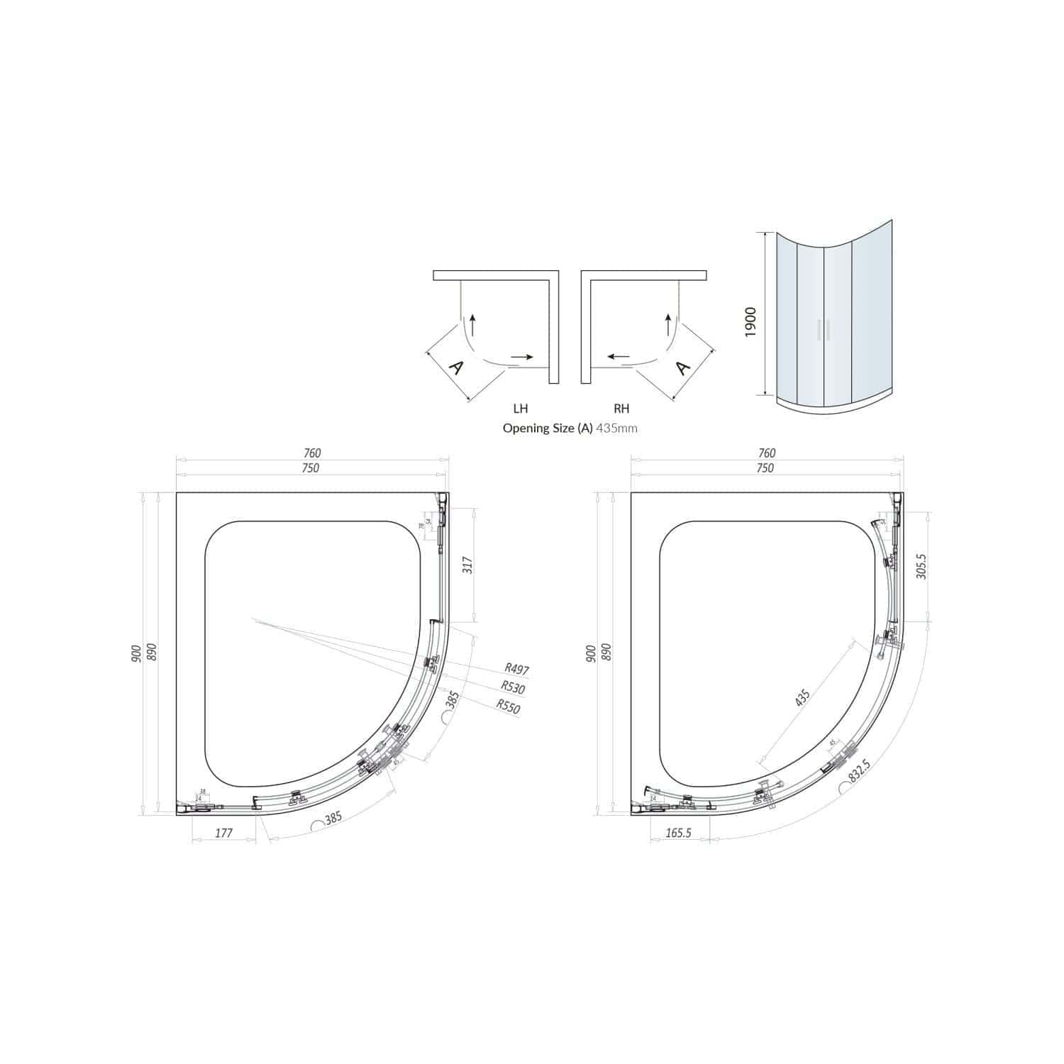 Efficient corner shower enclosure design with detailed technical measurements for custom bathroom renovations, showcasing high-quality glass and modern aesthetics.