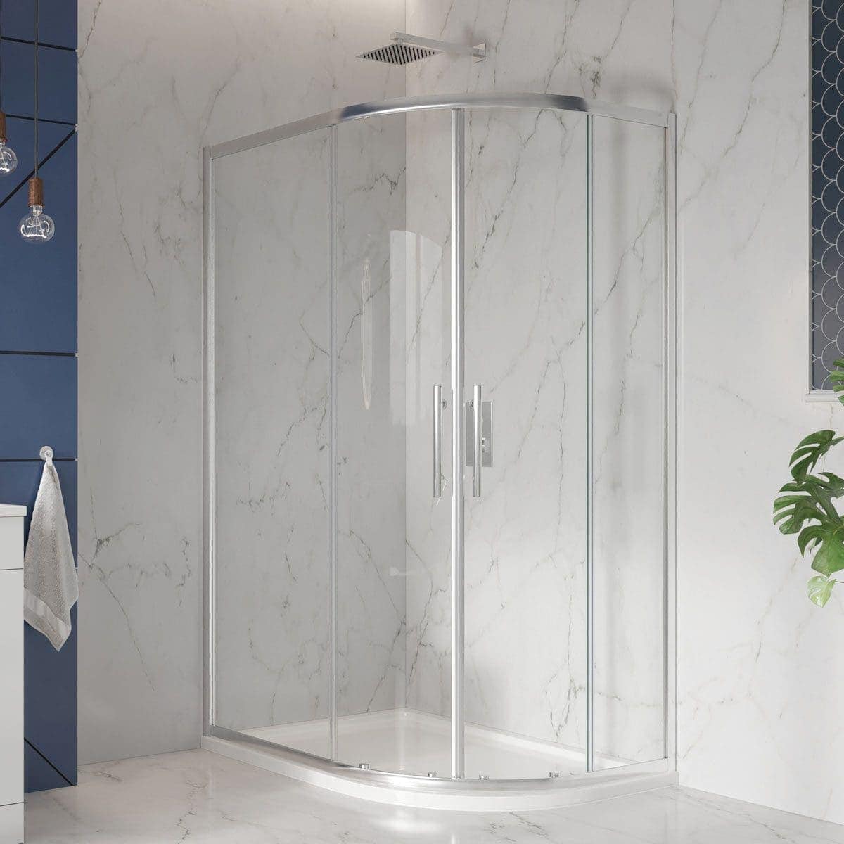 Bright modern shower enclosure with curved glass doors and chrome handles, designed for luxury bathrooms. Features a rainfall shower head and seamless design for a stylish, functional bathroom upgrade.
