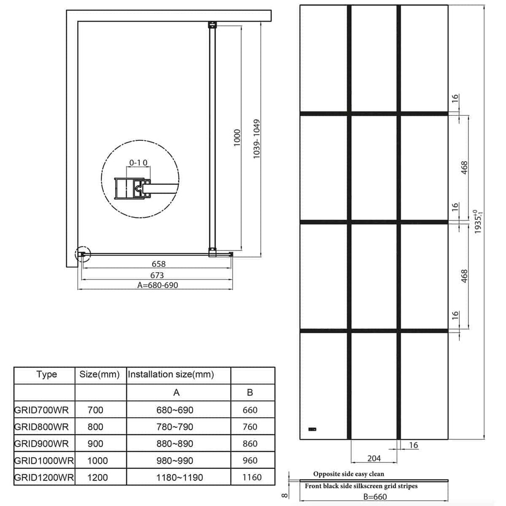 High-quality shower enclosure technical drawing for Bubly Bathrooms, showcasing dimensions and installation specifications for custom shower screens.