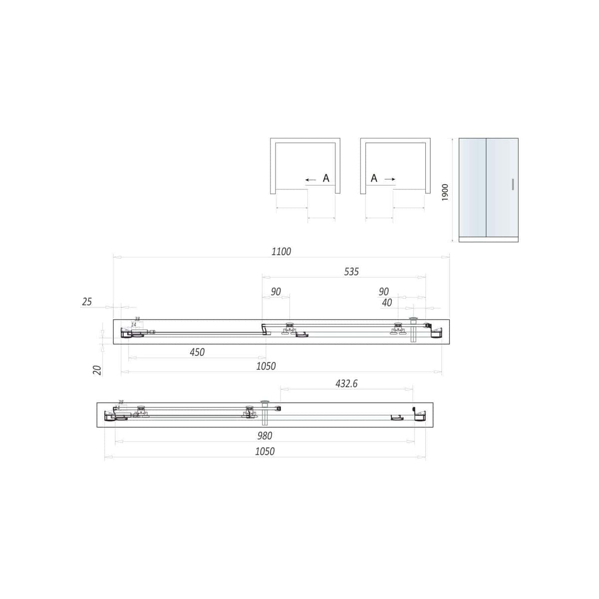 Recessed Bathroom Shower Door Installation Technical Drawing.