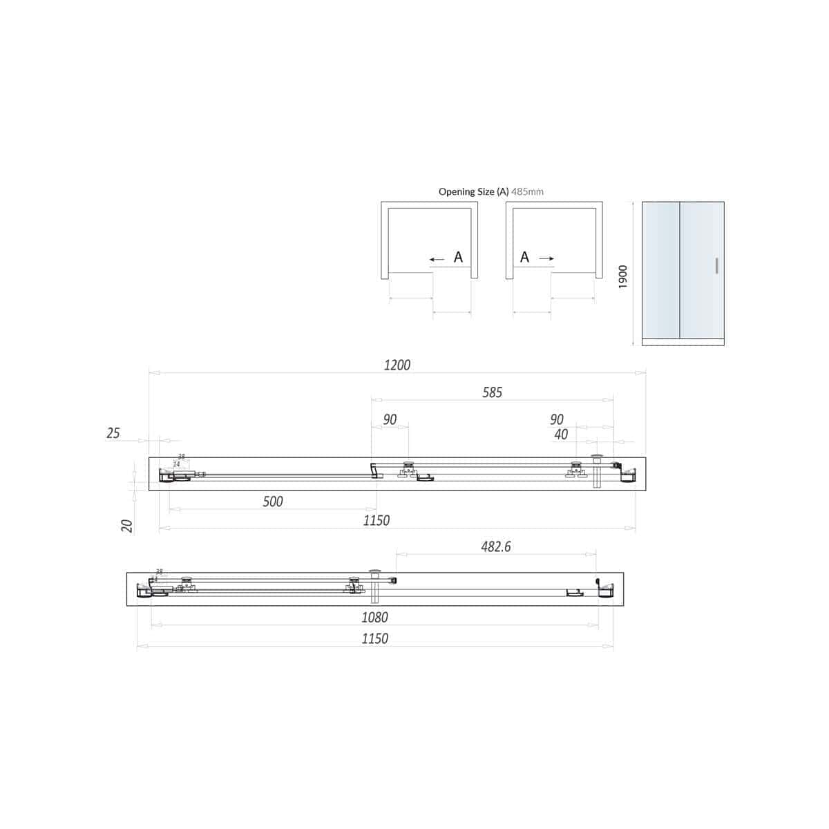 High-quality bathroom shower door technical drawing with detailed dimensions and specifications from Bubly Bathrooms. Perfect for bathroom design and renovation planning.