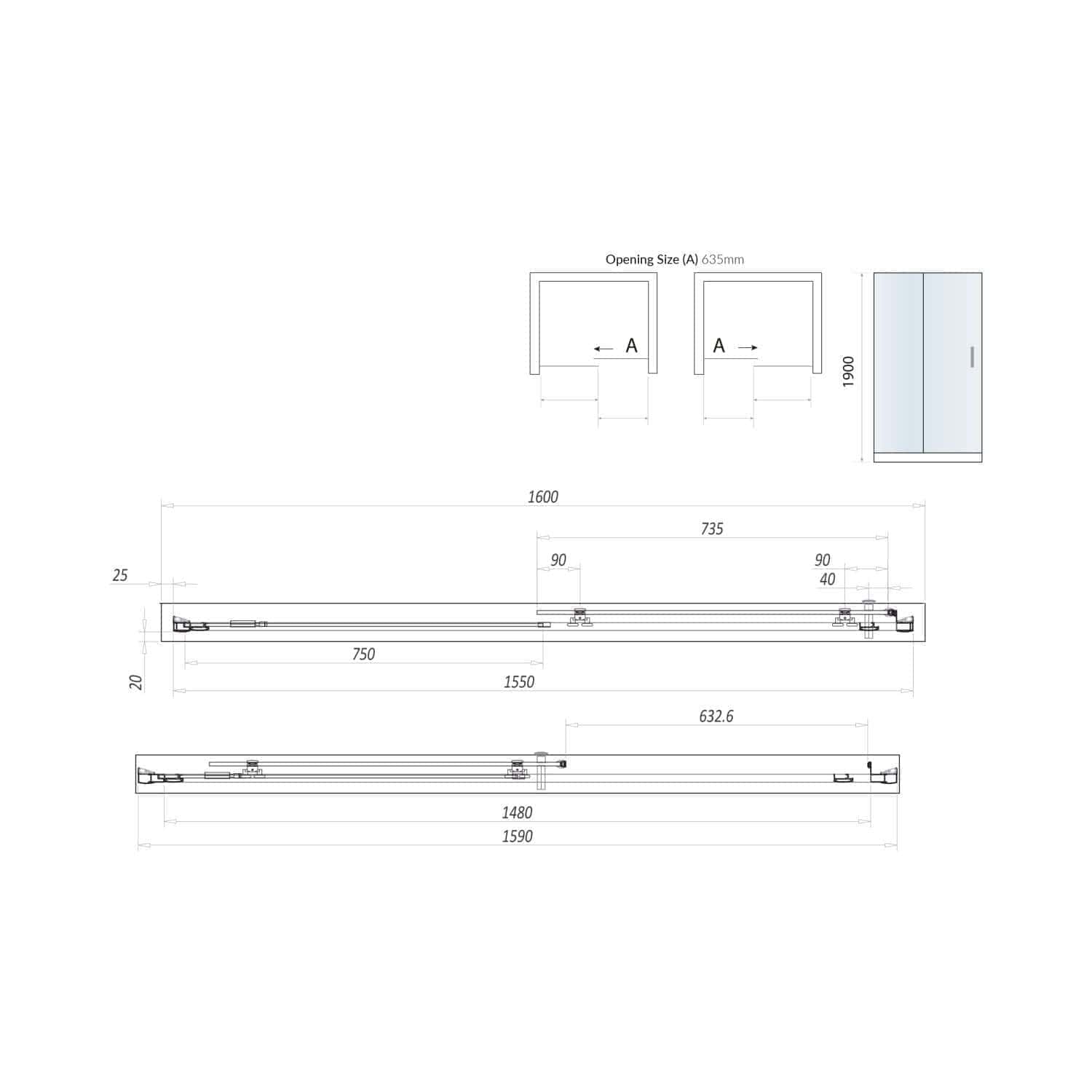 High-quality bathroom shower door installation technical drawing with detailed measurements and specifications for Bubly Bathrooms. Perfect for bathroom renovation projects.