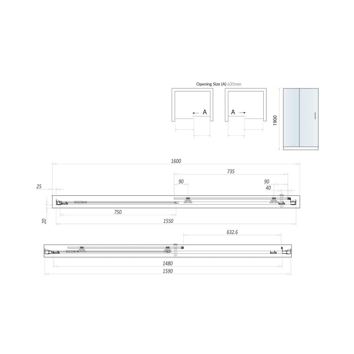 High-quality bathroom shower door installation technical drawing with detailed measurements and specifications for Bubly Bathrooms. Perfect for bathroom renovation projects.