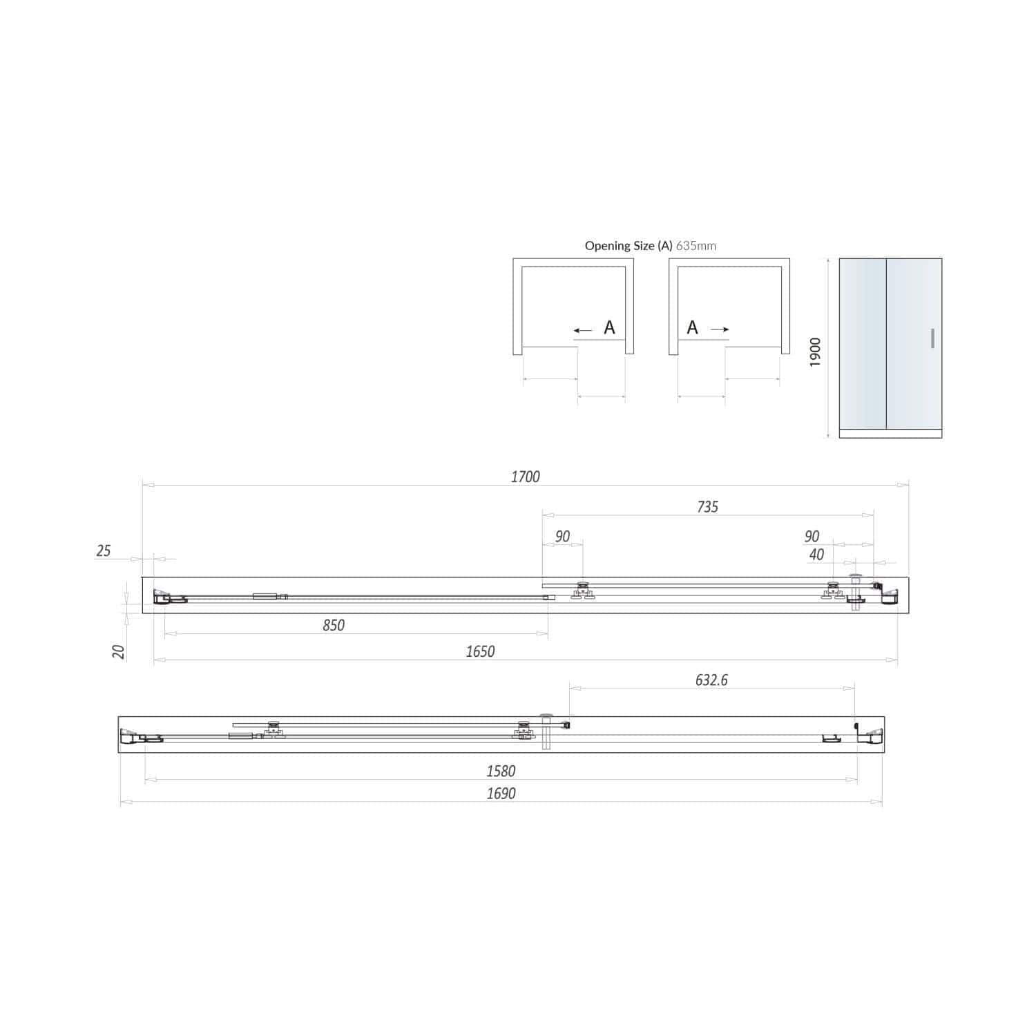 High-quality sliding shower door with detailed technical layout, including dimensions, opening sizes, and mounting specifications for modern bathroom installations.