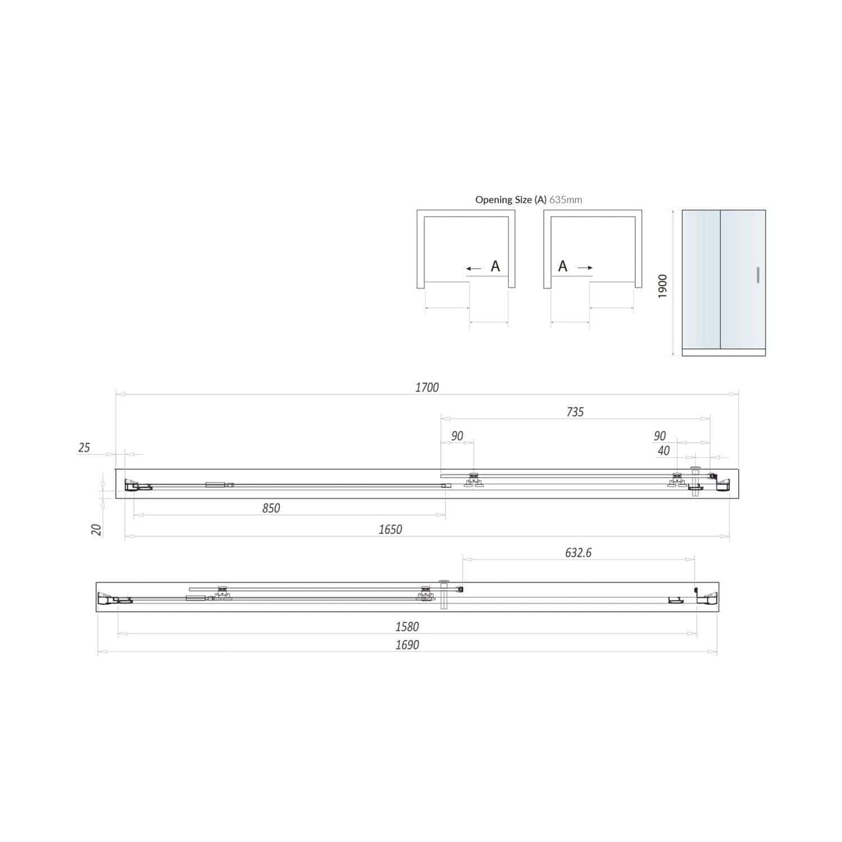 High-quality sliding shower door with detailed technical layout, including dimensions, opening sizes, and mounting specifications for modern bathroom installations.