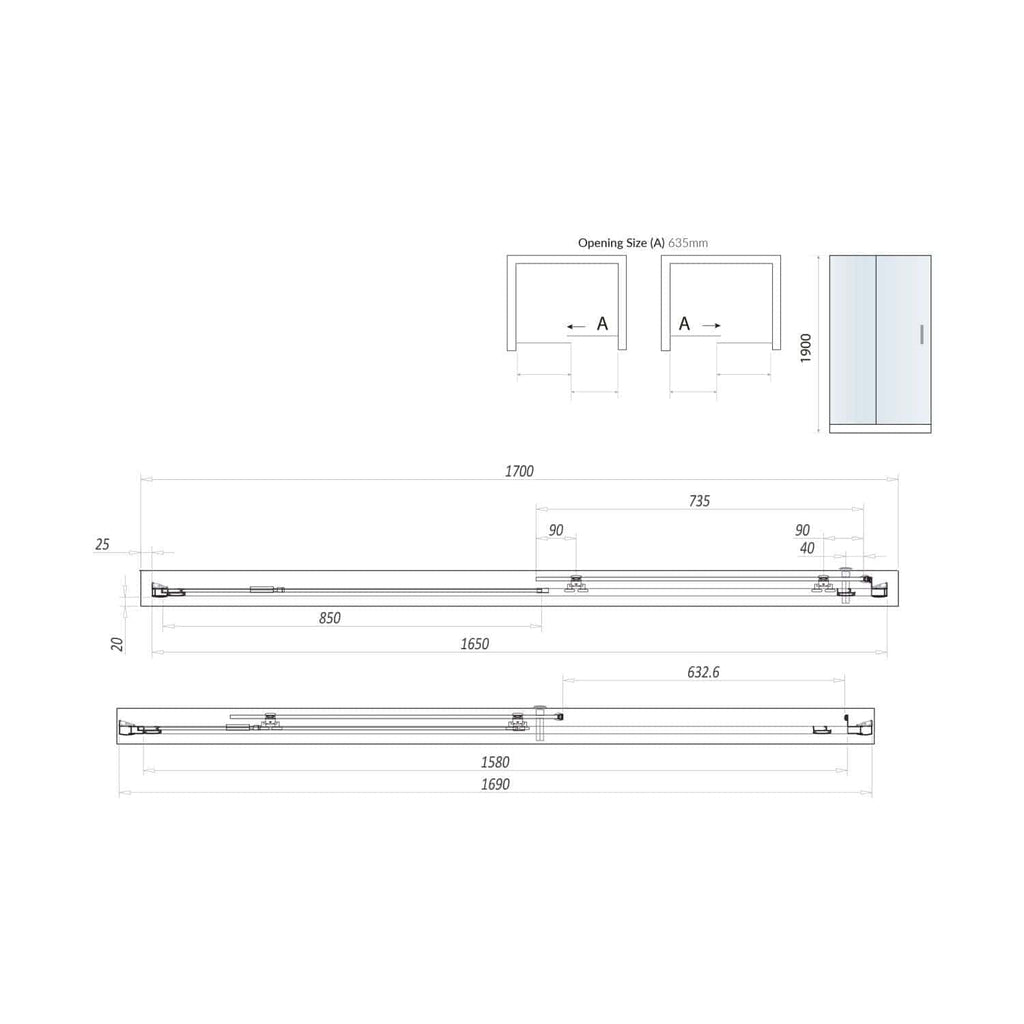 High-quality sliding shower door with detailed technical layout, including dimensions, opening sizes, and mounting specifications for modern bathroom installations.