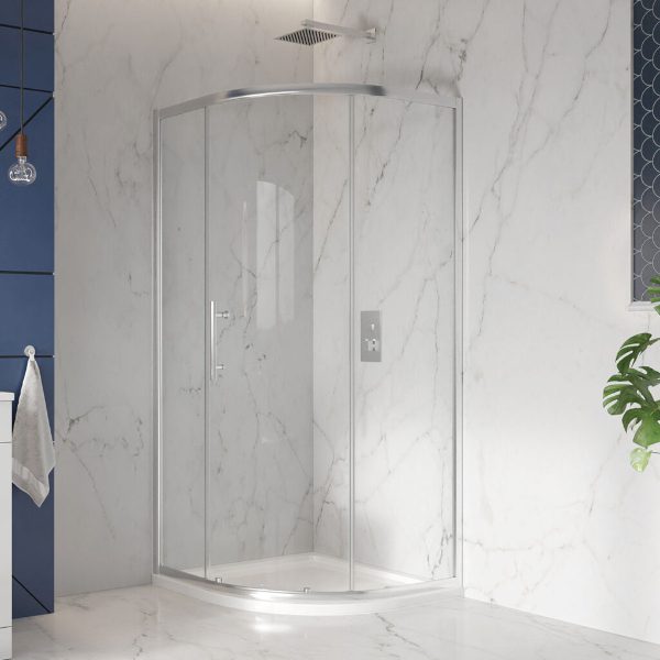 Shower enclosure with curved glass doors for modern bathroom design, sleek shower cabin for space-efficient bathing, high-quality shower system from Bubly Bathrooms.