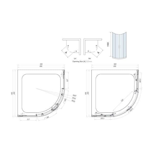 Glass shower enclosure technical drawing with dimensions, perfect for custom bathroom design and renovation projects. Showcasing high-quality shower glass, ideal for modern bathrooms.