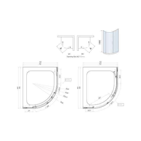 Curved corner shower enclosure technical drawing with dimensions and installation details for Bubly Bathrooms.