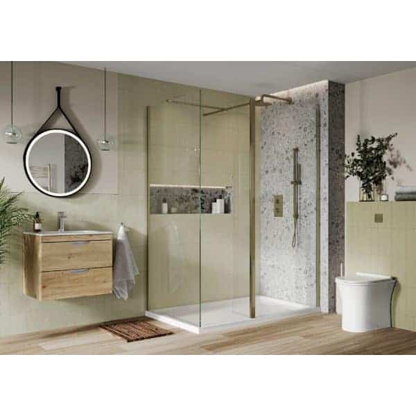 Modern bathroom with glass shower enclosure, wooden vanity, round mirror, wall-mounted sink, and contemporary toilet, minimalist design, natural light, and neutral colour palette for a stylish, functional space.