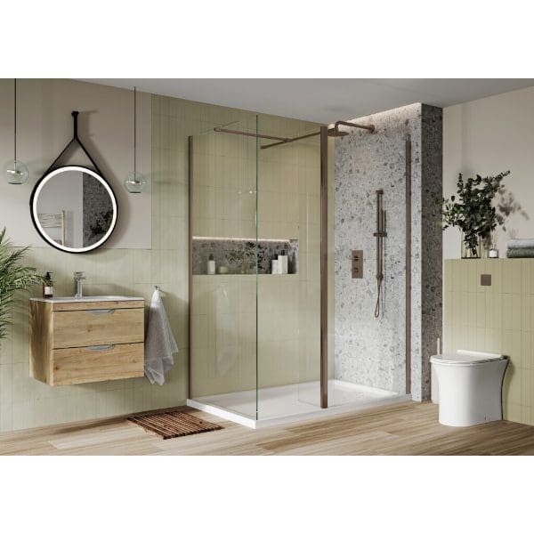 Contemporary bathroom with walk-in shower, minimalist wooden vanity, and modern toilet, featuring natural tones and stylish decor for a sleek, functional space.