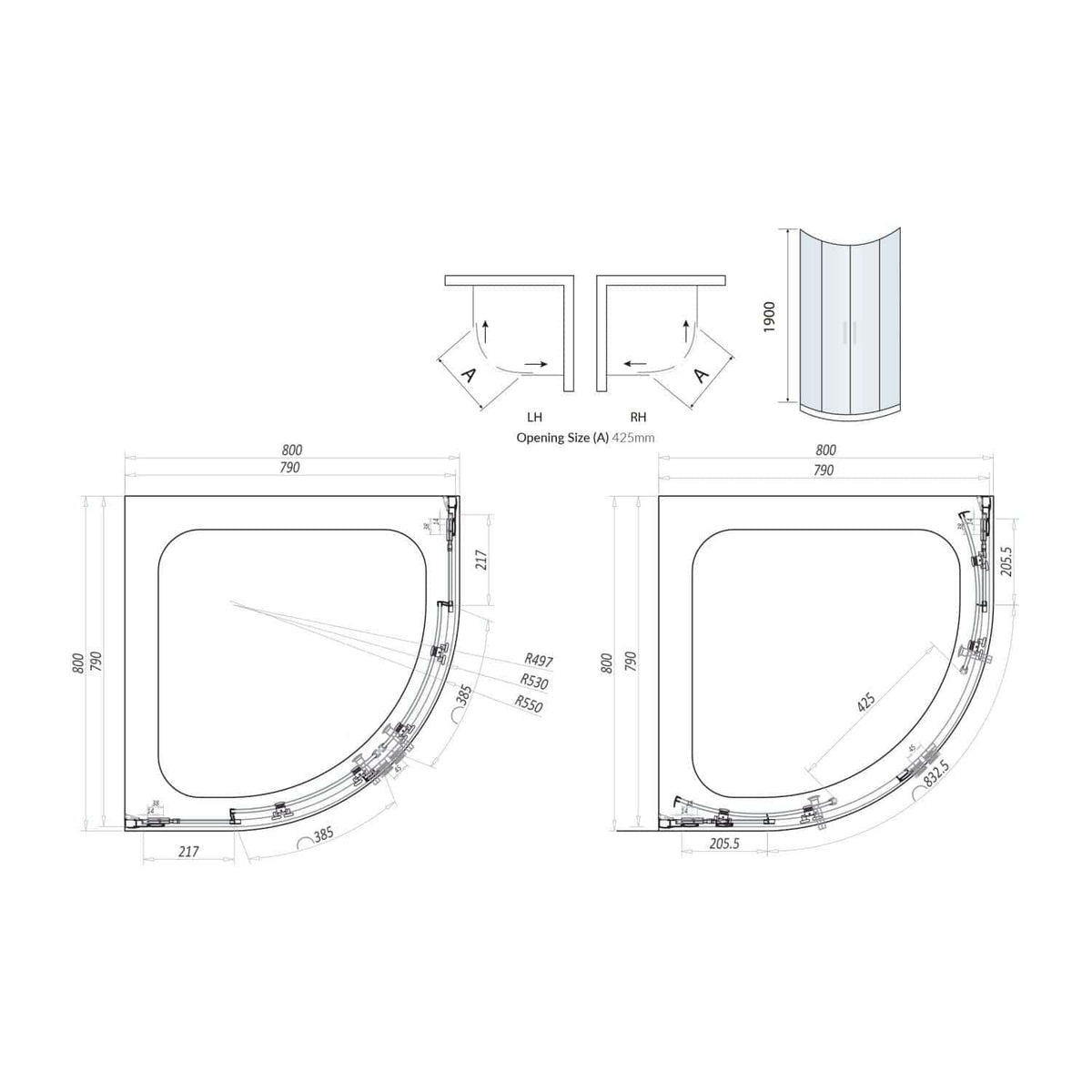 High-quality shower enclosure design with precise measurements, ideal for modern bathrooms. Featuring curved glass panels, technical specifications, and installation guidelines for optimal bathroom renovation.