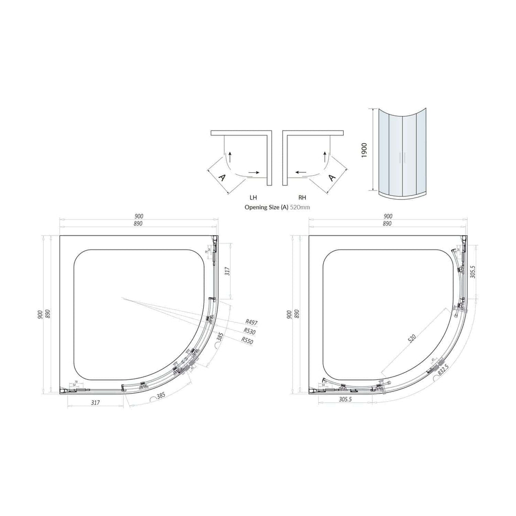 High-quality shower enclosure technical drawings from Bubly Bathrooms showcasing dimensions, opening angles, and design features for custom bathroom renovations in the UK.