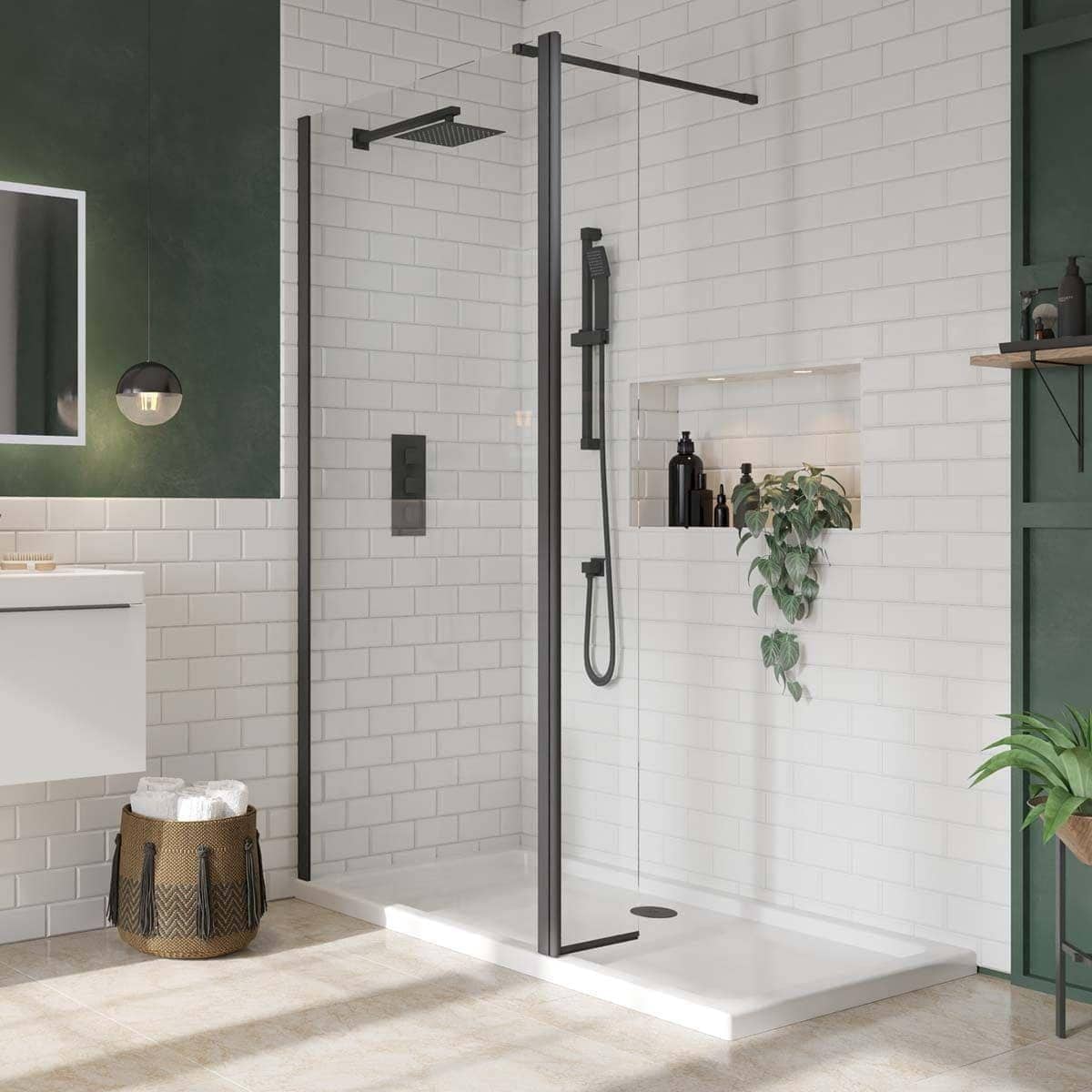 Modern walk-in shower with black fixtures and white subway tiles at Bubly Bathrooms, creating a sleek, contemporary bathroom design.