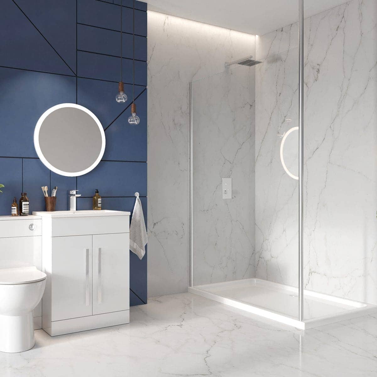 Modern bathroom with marble finish, walk-in shower, minimalist vanity, and contemporary lighting, creating a stylish and functional space for daily use.